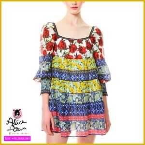Alice + Olivia Rowen Floral Tiered Square Neck Mini Cocktail Dress